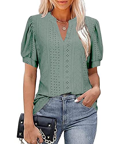 GRMLRPT Damen Kurzarm V-Ausschnitt Bluse Loose Casual T-Shirts Sommer Tops Bluse Puffärmel Tunika Lässig(Grün,XXL) von GRMLRPT