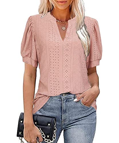 GRMLRPT Damen Kurzarm V-Ausschnitt Bluse Loose Casual T-Shirts Sommer Tops Bluse Puffärmel Tunika Lässig(Rosa,XXL) von GRMLRPT