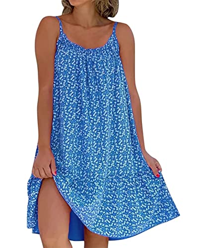 GRMLRPT Damen Sommer Casual Blumen Maxikleid Boho Ärmellose Leicht Sommerkleid Knielang Elegante Strandkleid Kurz Kleid(Blau,L) von GRMLRPT