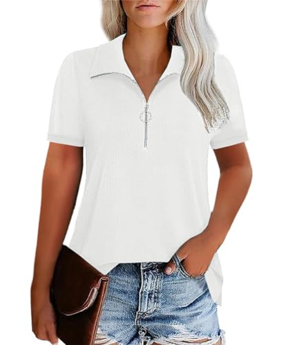 GRMLRPT Oberteile Sommer Tshirt Damen Tops Kurzarm V-Ausschnitt Kurzarm Poloshirts Blusen Reißverschlusskragen Bedruckte Bluse Elegant Lässige Hemd für Damen(Weiß,XXL) von GRMLRPT