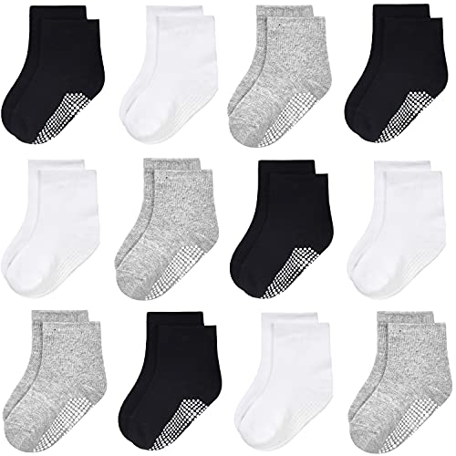 GRPSKCOS Baby Kinder Socken ABS Rutschfeste Kleinkind Socken 12 Paar Kinder Stoppersocken für 0-10 Jahre Jungen Mädchen Anti Rutsch Socken (5-7 Jahre, 2 Weiß/Grau/Schwarz-12 Paar) von GRPSKCOS