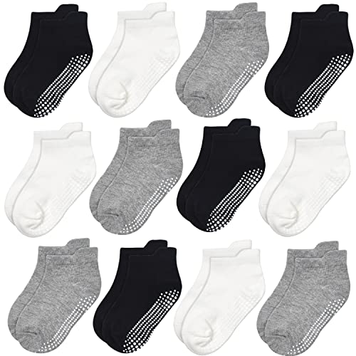 GRPSKCOS Kinder Baby Stopper Socken 12 Paar ABS Rutschfeste Kleinkind Socken für Kinder Jungen Mädchen für 0-7 Jahre Kinder Anti Rutsch Socken (5-7 Jahre, 3 Weiß/Grau/Schwarz-12 Paar) von GRPSKCOS