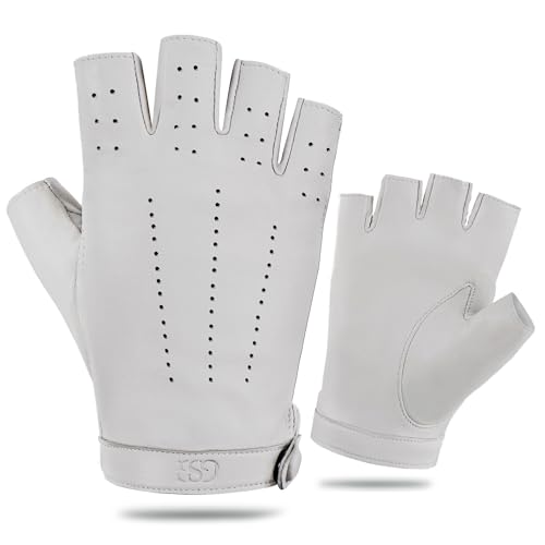 GSG Fingerlose Lederhandschuhe Damen aus echtem Leder Ungefütterte Halbfinger-Fahrhandschuhe aus Schaffell Weiß Large von GSG SINCE 1998