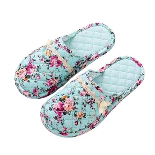 GSJNHY Offene Hausschuhe Hause Hausschuhe for Frauen Baumwolle Stoff Familie Hotel Schuhe Floral Blume Weibliche Rutschen Männlich Innen Schlafzimmer Boden Flache Slipper(Color:Blue,Size:38-39) von GSJNHY