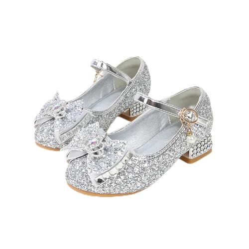 Glitzer Kinder Tanzschuhe Kinder Lederschuhe Mode Glitzer Hochzeitsschuhe for Mädchen Pailletten Schleife Prinzessin High Heels Kinder Einzelschuhe(Color:Silver,Size:33) von GSJNHY