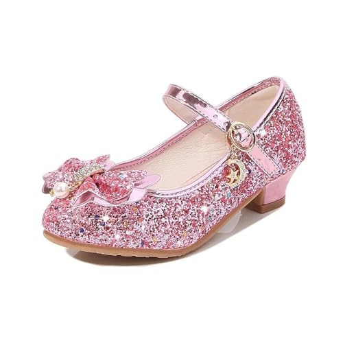 Glitzer Kinder Tanzschuhe Mädchen High Heels Bogen Prinzessin Modell Kristall Einzelne Schuhe Pailletten Kinder Schuhe Frauen(Color:Pink,Size:Size 33 Inner Length 20.5cm) von GSJNHY