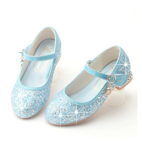 Glitzer Kinder Tanzschuhe Prinzessin Kinder Lederschuhe Mädchen Blume Casual Glitter Strass Kristall Ferse Kinder High Heel Party Dance Performance Schuhe(Color:Blue,Size:33 Insole 21cm) von GSJNHY