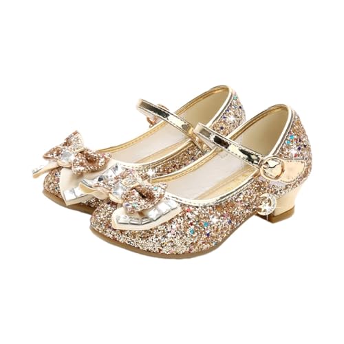 Glitzer Kinder Tanzschuhe Prinzessin Kinder Lederschuhe for Mädchen Blume Casual Glitzer Kinder High Heel Mädchen Schuhe Schmetterling Knoten Gold Silber(Color:Gold,Size:30) von GSJNHY