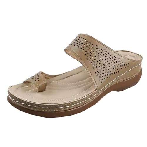 GTTGHJ6DHY Sommer Damen PU-Leder Freizeit Hohl Zehensatz Flach Folgen Flip-Flops Anti-Rutsch Verschleißfest Strand Draußen Tragen Hausschuhe,Grau,41 von GTTGHJ6DHY