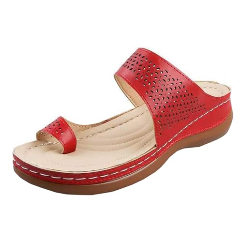 GTTGHJ6DHY Sommer Damen PU-Leder Freizeit Hohl Zehensatz Flach Folgen Flip-Flops Anti-Rutsch Verschleißfest Strand Draußen Tragen Hausschuhe,Rot,36 von GTTGHJ6DHY