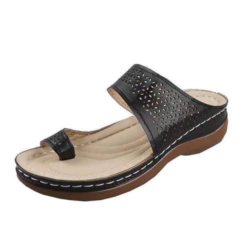 GTTGHJ6DHY Sommer Damen PU Leder Freizeit Hollow Toe Set Flach Follow Flip Flops Anti-Rutsch Verschleißfest Strand Wear Outdoor Hausschuhe, Schwarz , 40 EU von GTTGHJ6DHY