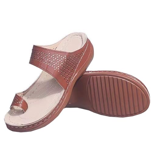 GTTGHJ6DHY Sommer Damen PU Leder Freizeit Hollow Toe Set Flach Follow Flip Flops Anti-Rutsch Verschleißfest Strand Wear Outdoor Hausschuhe, braun, 41 EU von GTTGHJ6DHY