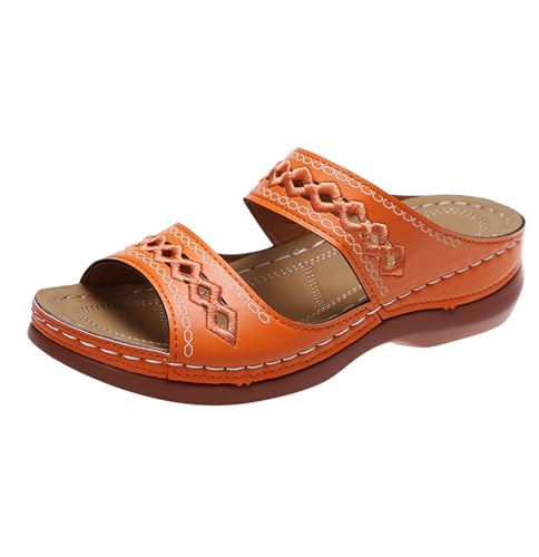 GTTGHJ6DHY Sommer Damen PU Leder Freizeit Retro Fischmaul Hausschuhe Anti-Rutsch Verschleißfeste Strandkleidung Outdoor Hausschuhe, Orange, 39 EU von GTTGHJ6DHY