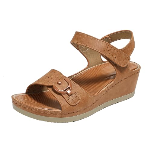 GTTGHJ6DHY Sommer Damen PU-Leder Freizeit Runder Kopf Atmungsaktiv Sandalen Anti-Rutsch Verschleißfest Strand Draußen Tragen Sandalen,Braun,36 von GTTGHJ6DHY