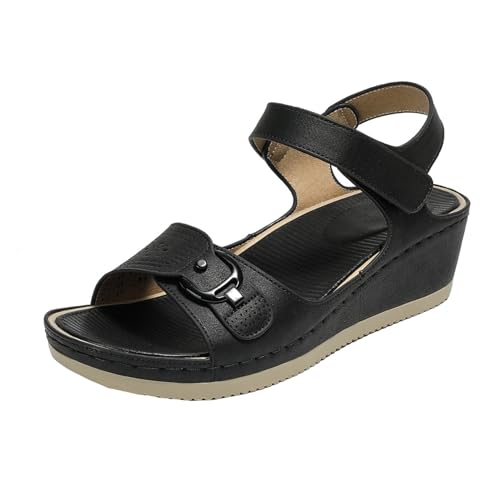 GTTGHJ6DHY Sommer Damen PU-Leder Freizeit Runder Kopf Atmungsaktiv Sandalen Anti-Rutsch Verschleißfest Strand Draußen Tragen Sandalen,Schwarz,36 von GTTGHJ6DHY