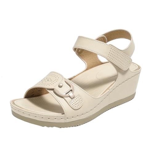 GTTGHJ6DHY Sommer Damen PU-Leder Freizeit Runder Kopf Atmungsaktiv Sandalen Anti-Rutsch Verschleißfest Strand Draußen Tragen Sandalen,Weiß,36 von GTTGHJ6DHY