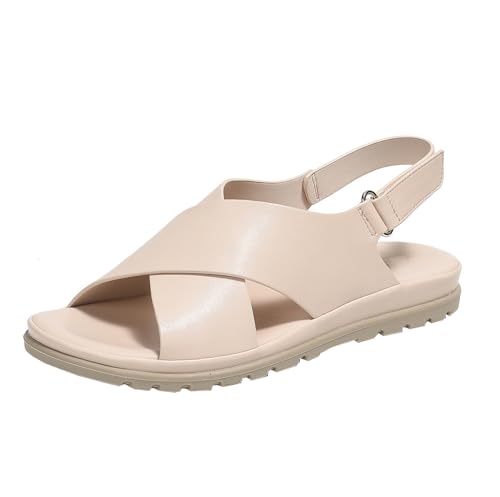 GTTGHJ6DHY Sommer Damen PU-Leder Freizeit Runder Kopf Kreuzgurt Wohnung Sandalen Anti-Rutsch Verschleißfest Strand Draußen Tragen Sandalen,Beige,39 von GTTGHJ6DHY