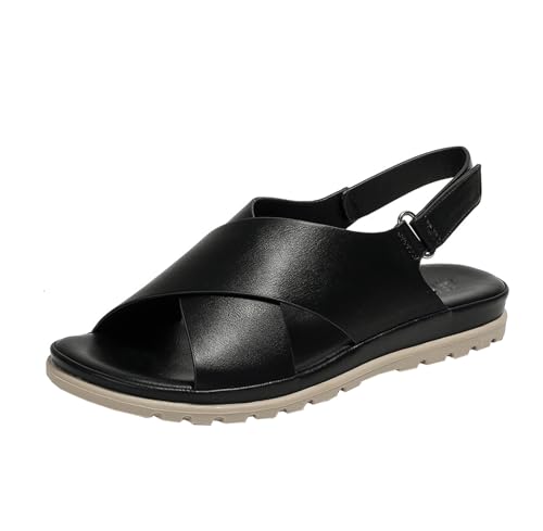 GTTGHJ6DHY Sommer Damen PU-Leder Freizeit Runder Kopf Kreuzgurt Wohnung Sandalen Anti-Rutsch Verschleißfest Strand Draußen Tragen Sandalen,Schwarz,36 von GTTGHJ6DHY