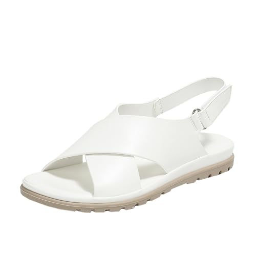 GTTGHJ6DHY Sommer Damen PU-Leder Freizeit Runder Kopf Kreuzgurt Wohnung Sandalen Anti-Rutsch Verschleißfest Strand Draußen Tragen Sandalen,Weiß,37 von GTTGHJ6DHY