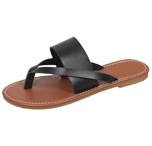 GTTGHJ6DHY Sommer Damen PU-Leder Freizeit Runder Kopf Zehen Kneifen Wohnung Flip-Flops Anti-Rutsch Verschleißfest Strand Draußen Tragen Hausschuhe,Schwarz,39 von GTTGHJ6DHY