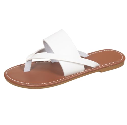 GTTGHJ6DHY Sommer Damen PU-Leder Freizeit Runder Kopf Zehen Kneifen Wohnung Flip-Flops Anti-Rutsch Verschleißfest Strand Draußen Tragen Hausschuhe,Weiß,43 von GTTGHJ6DHY