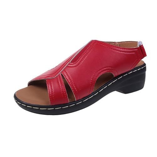 GTTGHJ6DHY Sommer Damen PU-Leder Freizeit Schnallengürtel Fischmaul Atmungsaktiv Sandalen Anti-Rutsch Verschleißfest Strand Draußen Tragen Sandalen,Rot,37 von GTTGHJ6DHY