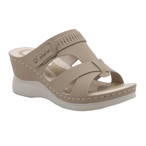 GTTGHJ6DHY Sommer Damen PU-Leder Freizeit Sport Fischmaul Sandalen Anti-Rutsch Verschleißfest Strand Draußen Tragen Sandalen,Beige,38 von GTTGHJ6DHY