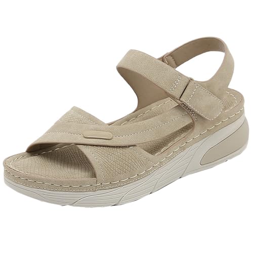 GTTGHJ6DHY Sommer Damen PU-Leder Freizeit Sport Komfortabel Sandalen Anti-Rutsch Verschleißfest Strand Draußen Tragen Sandalen,Beige,36 von GTTGHJ6DHY