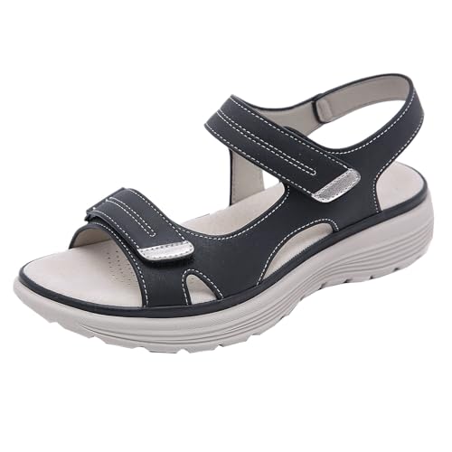 GTTGHJ6DHY Sommer Damen PU-Leder Freizeit Sport Runder Kopf Sandalen Anti-Rutsch Verschleißfest Strand Draußen Tragen Sandalen,Schwarz,37 von GTTGHJ6DHY