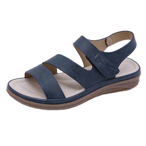 GTTGHJ6DHY Sommer Damen Retro PU-Leder Freizeit Runder Kopf Kreuzen Riemen Sandalen Anti-Rutsch Verschleißfest Strand Draußen Tragen Sandalen,Blau,37 von GTTGHJ6DHY