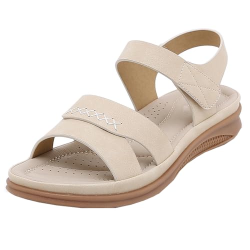 GTTGHJ6DHY Sommer Damen Retro PU-Leder Freizeit Runder Kopf Sandalen Anti-Rutsch Verschleißfest Strand Draußen Tragen Sandalen,Beige,40 von GTTGHJ6DHY