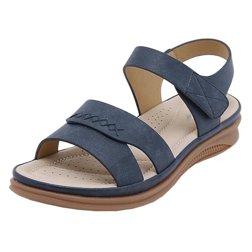 GTTGHJ6DHY Sommer Damen Retro PU-Leder Freizeit Runder Kopf Sandalen Anti-Rutsch Verschleißfest Strand Draußen Tragen Sandalen,Blau,36 von GTTGHJ6DHY