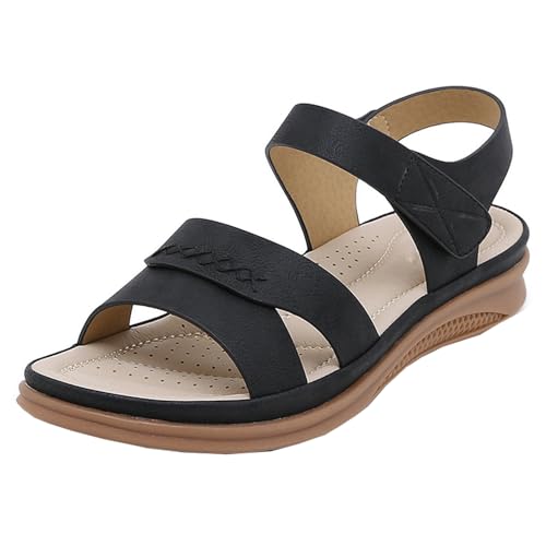 GTTGHJ6DHY Sommer Damen Retro PU-Leder Freizeit Runder Kopf Sandalen Anti-Rutsch Verschleißfest Strand Draußen Tragen Sandalen,Schwarz,36 von GTTGHJ6DHY