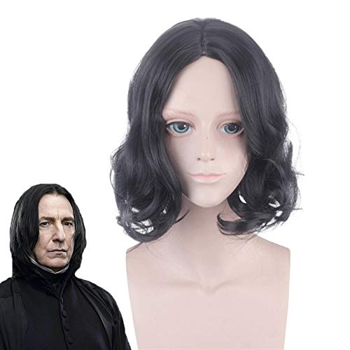 Cosplay Perücke Film Severus Snape Schwarze Perücke Cosplay Professor Snape Lockige Perücke Halloween Rollenspiel Kostüme Perücken+Perückenmütze von GUANBBD