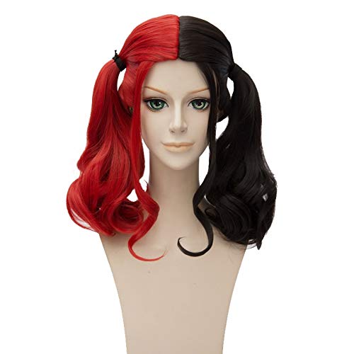 Cosplay Perücke-Harleen Quinzel Rot Schwarz Pferdeschwänze Kurze Perücke Cosplay Kostüm Harley Quinn Hitzebeständiges Kunsthaar Frauen Cosplay Perücken von GUANBBD