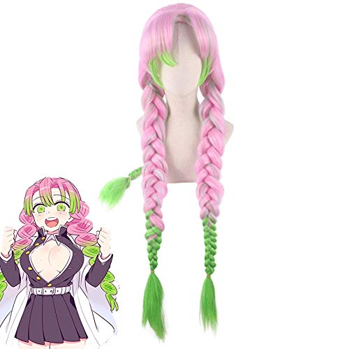 Cosplay Perücke Kanroji Mitsuri Cosplay Perücke Anime Dämonentöter: Kimetsu No Yaiba Frauen Grün Rosa Buntes Haar Zöpfe Haar+Kostenlose Perücke Kappe 594 von GUANBBD