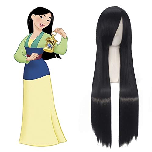 Cosplay Perücke-Mulan Cosplay Perücke 80cm schwarz lange gerade Prinzessin Frauen Mädchen synthetisches Haar+Perücke Kappe schwarz von GUANBBD