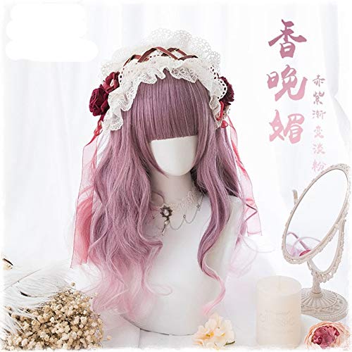 Cosplay Perücke-Perücke Frau Lolita 60cm langes lockiges synthetisches Haar Cospaly Prinzessin Mädchen lila Ombre rosa Kostüm Party Perücken+Perücke Kappe als das Bild von GUANBBD