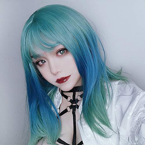 Cosplay Perücke-Spezielle gemischte grün-blaue Harajuku Lolita Perücke Sweet Long Straight Synthetic Hair Fransen Pony Adult Girls von GUANBBD