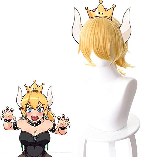 Cosplay Perücke-Super Mario Bros. Bowsette Prinzessin Bowser Cosplay Perücke für Frauen Hitzebeständiges Kunsthaar Gelb Lila Anime Spiel Perücke Bowsette von GUANBBD