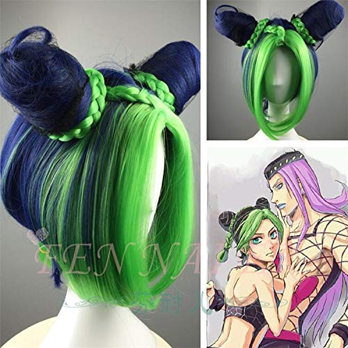 GUANBBD Cosplay Perücke-JoJos bizarres Abenteuer Golden Wind Cosplay Perücke Jolyne Cujoh Kujo Grüne Brötchen Zöpfe JoJo no Kimyou na Bouken Kunsthaar von GUANBBD