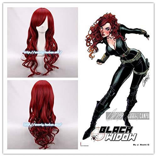 GUANBBD Cosplay Perücke-Original Cartoon Typ The Advengers Schwarze Witwe Cosplay Haarperücke 65cm Natasha Romanoff Cosplay Dunkelrote Wellenförmige Haarperücke Halloween von GUANBBD