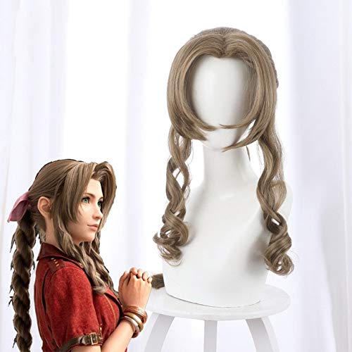 GUANBBD Final Fantasy 7 Aerith Gainsborough Cosplay Perücken für Frauen Mädchen 80cm lang Curly Wavy Heat Resistant Synthetic Hair Brown Spiel FINAL FANTASY Aerith Gainsborough von GUANBBD