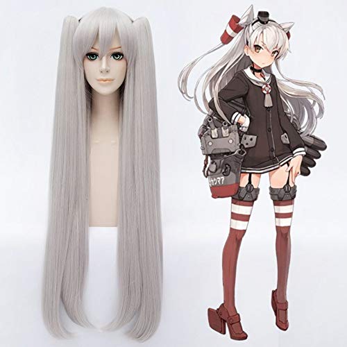 GUANBBD Kantai Collection Amatsukaze 100cm lange gerade Cosplay Perücke für Frauen Kunsthaar Perücke Kunsthaar für Anime Party Silber von GUANBBD