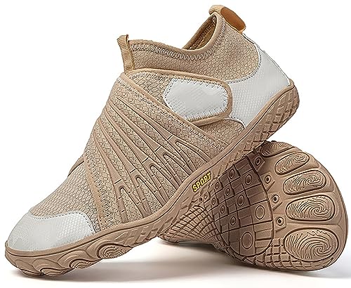 Unisex Barfußschuhe Damen Herren Trail-Sneaker Leichte atmungsaktive Walking-Laufschuhe, Outdoor-Strandschuhe, Schwimmschuhe, rutschfeste Fitnessschuhe für den Innenbereich, Wanderschuhe (Beige 45 E von GUHPZA