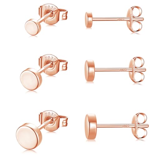 GULICX 3 Paar Silber Rosegold Ohrstecker für Damen Herren Mädchen, Hypoallergen 925 Stering Silber Klein Rund Flach Ohrringe Set, Unisex Kleine Scheibe Sleeper Knorpel Tragus Ohrstecker, 3/4/5mm von GULICX