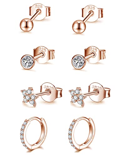 GULICX Creolen Silber 925 Damen Ohrstecker Ohrringe, 4 Paare Hypoallergen Rose Gold Silber Ohrstecker &Creolen Ohrringe Set, Klein Schlafen Ohrringe Set für Damen Mädchen, 3mm Ohrstecker &12mm Creolen von GULICX