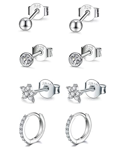 GULICX Creolen Silber 925 Damen Ohrstecker Ohrringe, 4Paare 925 Sterling Silber Ohrstecker & Creolen Ohrringe Set, Klein Schlafen Ohrringe Set für Damen Mädchen, 3mm Ohrstecker & 12mm Creolen Ohrringe von GULICX