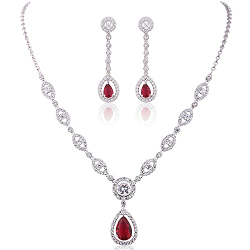 GULICX Damen Schmuckset Ohrringe und Halskette Silber-Ton 4 Farbe Saphir/Rubin/Smaragd/Weiß Ohrhänger mit Blau Rot Grün Zirkonia Hochzeitsschmuck Partyschmuck von GULICX