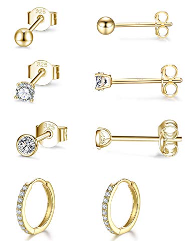 GULICX Ohrstecker Creolen Silber 925 Ohrringe Set, 925 Sterling Silber Ohrstecker & Creolen Ohrringe Set, 4 Paare Gold Klein Schlafen Ohrringe Set für Damen Mädchen, 3mm Ohrstecker & 12mm Creolen von GULICX